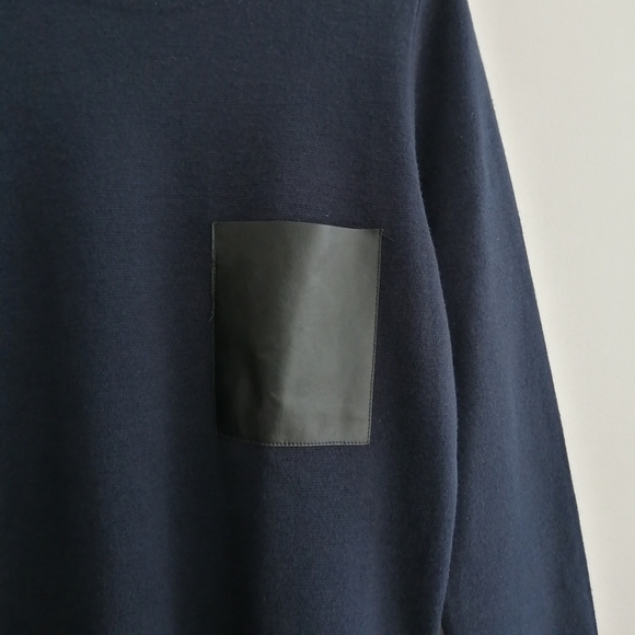 Sandro Men's Merino Wool Navy Sweater With Lamb Leather Pocket Small - Picture 6 of 15